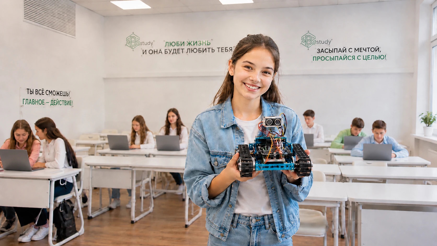 Ученица показывает созданного на занятиях робота